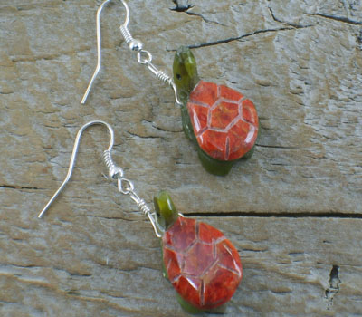 Southwest Fetish Jewelry Coral Turtle Earrings